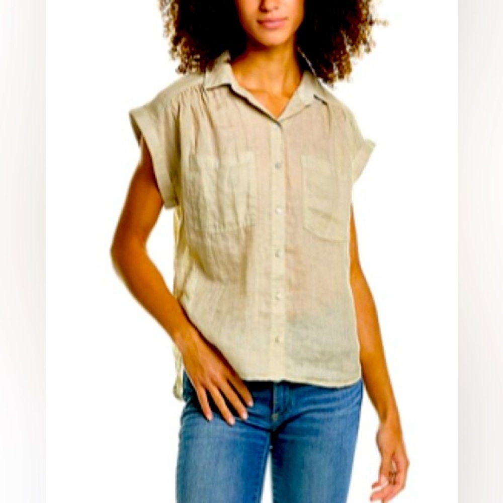BELLA DAHL EUC Sz L 100% Linen Flowy Pocket Button Down Shirt, Tan
